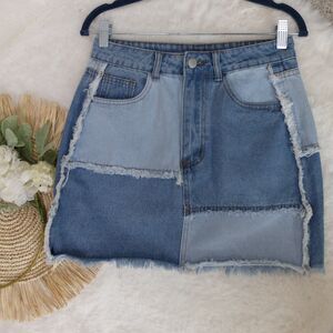 Shein Blue Patchwork Denim Mini Skirt Size Medium